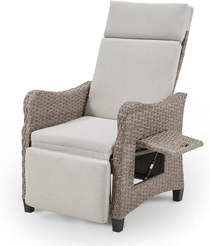 HOMREST Outdoor Recliner Chair with Flip-up Table, Wicker Reclining Chair with 150°Adjustable Backrest, Rattan Armchair with Integrated Footstool & Removable Cushion for Gardens, Light Gray