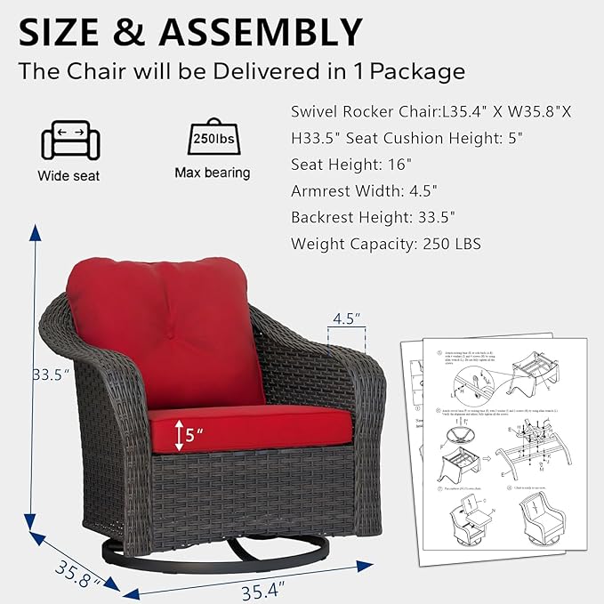 Outdoor Brown Wicker Swivel Rocking Chair - Red, 1PC, Alloy Steel Frame, 300 lbs Weight Capacity, Includes Water-Resistant Cushions