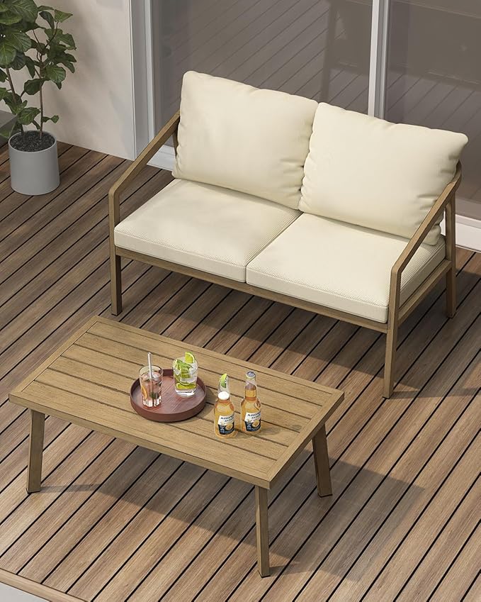 Patio Coffee Table, Never-Rust Aluminum Outdoor Coffee Table with Wood Grain Texture, Modern Rectangle Garden Coffee Table with Slatted Tabletop for Porch, Decks, Indoor, Balcony, Teak | Never-Rust, Wood Grain Texture, Slatted Tabletop