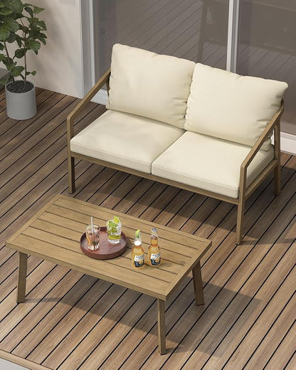 Patio Coffee Table, Never-Rust Aluminum Outdoor Coffee Table with Wood Grain Texture, Modern Rectangle Garden Coffee Table with Slatted Tabletop for Porch, Decks, Indoor, Balcony, Teak | Never-Rust, Wood Grain Texture, Slatted Tabletop