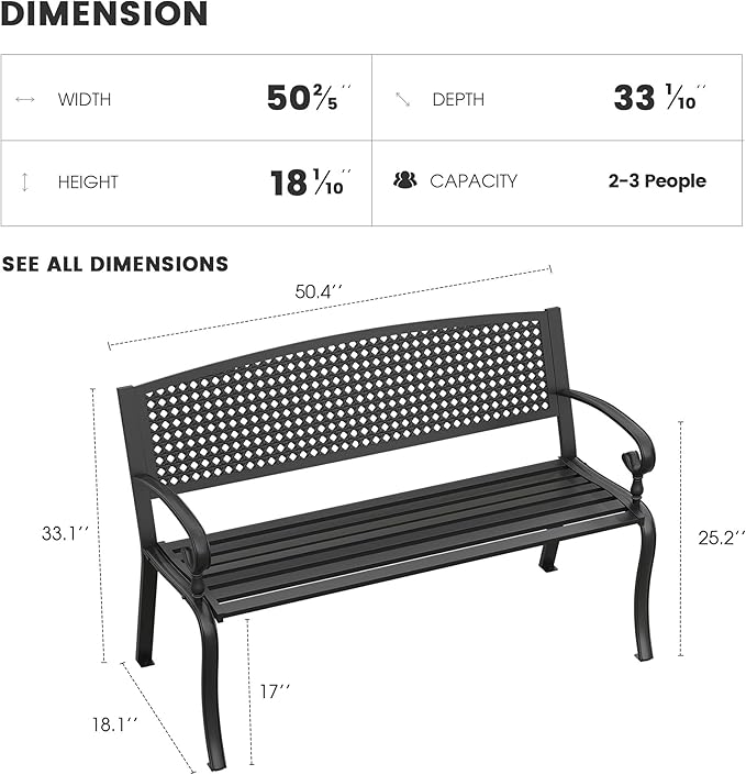 Outdoor Bench, 50 inches Metal Garden Bench, Cast Iron Steel Frame Patio Chairs w/Twist Circle Pattern Backrest for Park, Yard, Porch, Lawn, Balcony, Backyard, Black