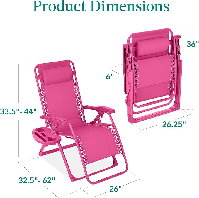 Best Choice Products Adjustable Zero Gravity Chair, Monochromatic Color Folding Patio Recliner w/Side Tray, Headrest - Ultimate Pink