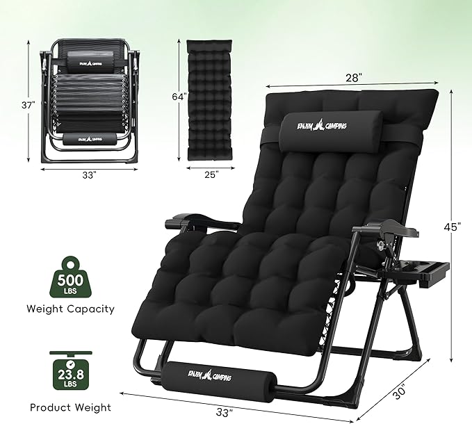 Amopatio Oversized Zero Gravity Chair, 33''W Reclining Camping Lounge Chair Upgraded Lock and Footrest, Cup Holder, Removable Cushion & Headrest Folding Patio Recliner for Indoor Outdoor