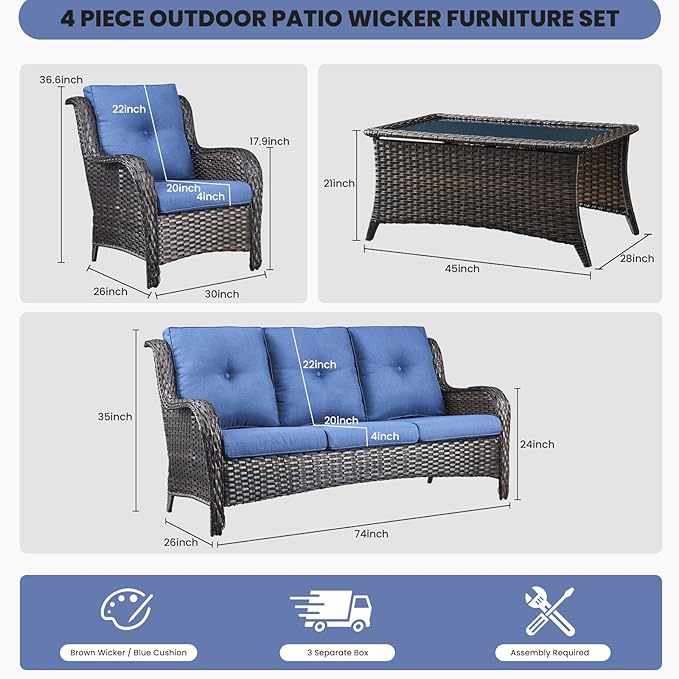 Belord Patio Wicker Furniture 4 Pieces Outdoor Furniture Set Patio Sofa Set with Wicker Chairs and Coffee Table - Photo 2