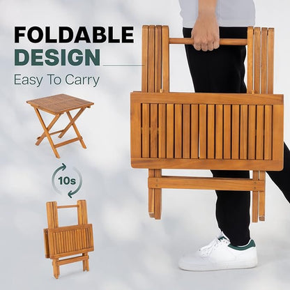 Idzo Mira Acacia Wood Folding Bistro Side Table Outdoor, 19.5 Inch x 19.5 Inch, Heavy Duty 200 Lbs Capacity Loading, Space-Saving for Garden & Balcony, No Assembly