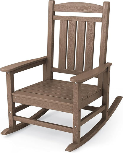 KINGYES HDPE Outdoor Rocking Chair, Widened Seat Patio Rocking Chair, Oversized All Weather Patio Rocker, Brown