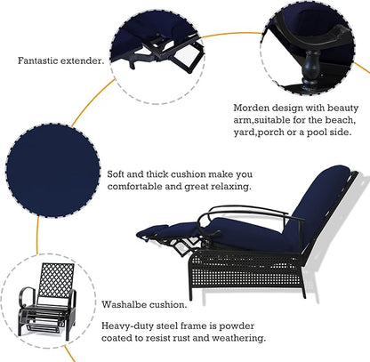 Kozyard Adjustable Outdoor Reclining Lounge Chair, Cushioned Patio Chaise Lounge with Extendable Metal Frame for Sunbathing, Reading & Relaxing – Comfortable Outdoor Recliner(Navy Blue)