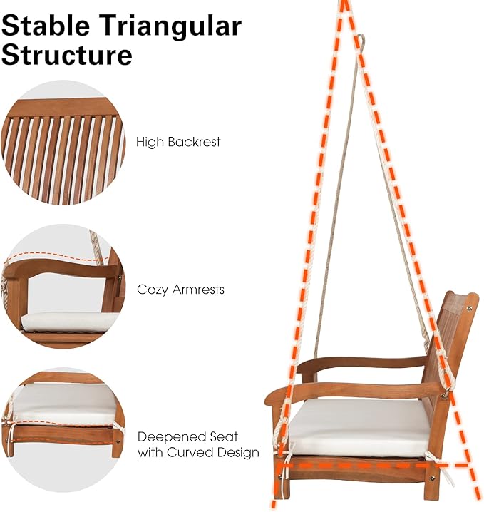 Tangkula 2 Person Hanging Porch Swing, Outdoor Bench Swing with Hanging Ropes, High Back, Cozy Armrests - Photo 7