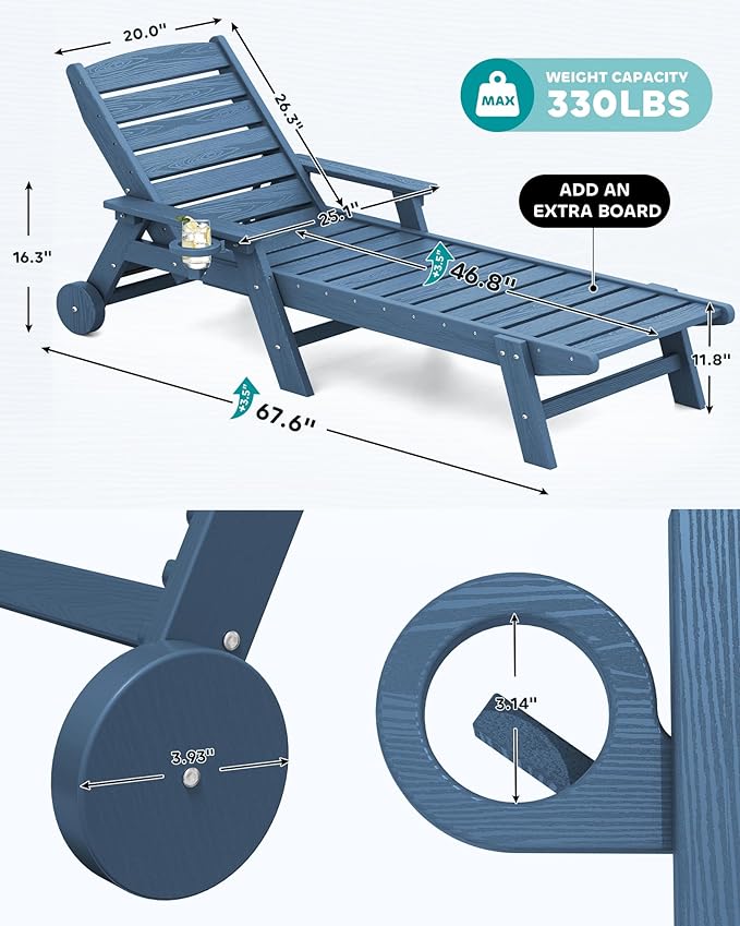 SERWALL Patio Chaise Lounge Chair Set of 4, 5 Positions Adjustable Poly Outdoor Lounger for Pool - Photo 2