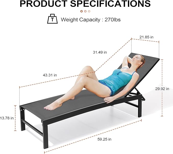 Crestlive Products Aluminum Adjustable Chaise Lounge Chair Five-Position and Full Flat Outdoor Recliner All Weather for Patio, Beach, Yard, Pool (1PC Black)