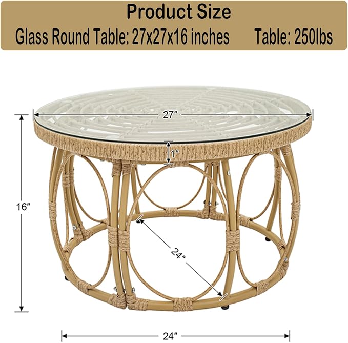 Rattan Glass Coffee Table 27" Round Patio Side Table, 16" Height Wicker Outdoor Coffee Table with Tempered Glass Top, Small Round Table for Balcony, Living Room, or Garden, Natural