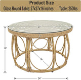 Rattan Glass Coffee Table 27" Round Patio Side Table, 16" Height Wicker Outdoor Coffee Table with Tempered Glass Top - Photo 2