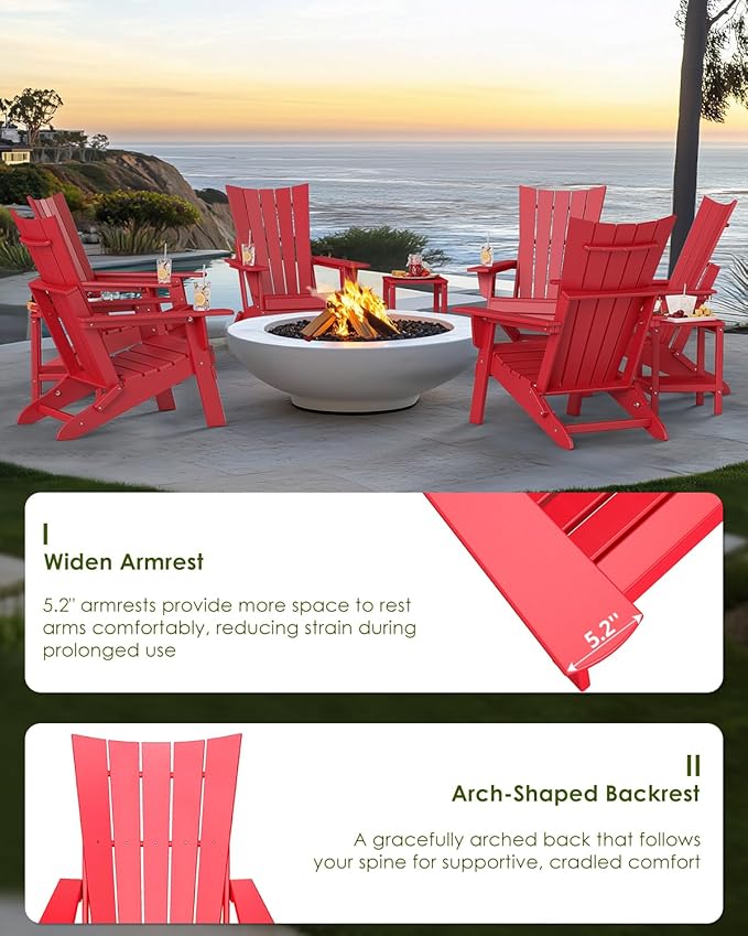 GREENVINES Folding-Adirondack-Chairs-Set-of-6 | HDPE Plastic | Arch Series | Fire Pit Chair | All Weather | for Outdoor Patio Deck Backyard Poolside | Red