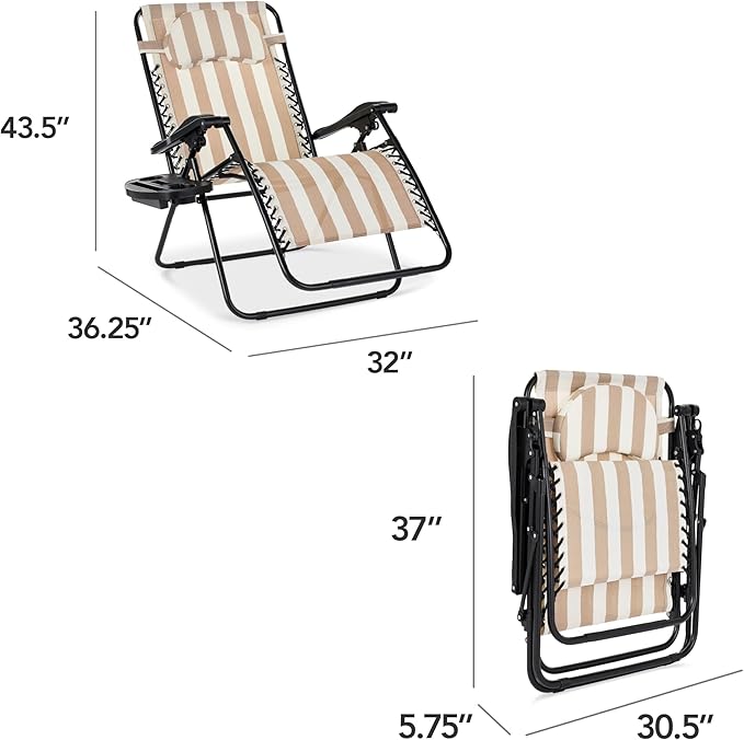 Best Choice Products Oversized Zero Gravity Chair, Folding Outdoor Patio Lounge Recliner w/Cup Holder Accessory Tray, Pillow - Tan Striped