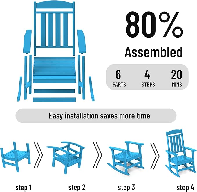 Outdoor Rocking Chairs Set of 8, Oversized High Back Patio Rocking Chairs, All Weather Porch Rocking Chairs for Outside. Pacific Blue