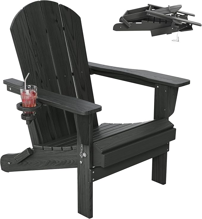 Outdoor Folding Adirondack Chair Set of 1 for Patio Fire Pit, Wooden Textured HDPE Adjustable Chairs with Cup Holder, Waterproof All Weather Resistant Plastic for Pool Lawn Garden Backyard(Gray)