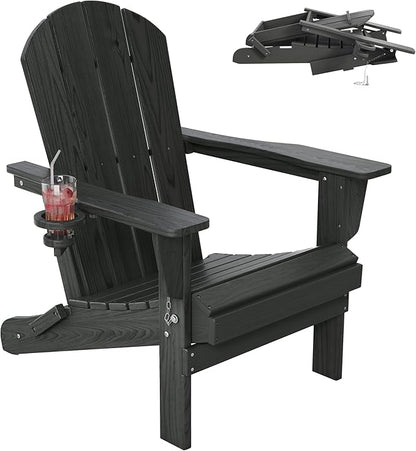 Outdoor Folding Adirondack Chair Set of 1 for Patio Fire Pit, Wooden Textured HDPE Adjustable Chairs with Cup Holder, Waterproof All Weather Resistant Plastic for Pool Lawn Garden Backyard(Gray)