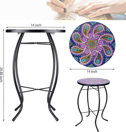 MUMTOP Outdoor Side Table - Patio Table Mosaic Coffee Side Tables Glass AccentTable 14’’Round SmallTable Plant Stand for Indoor Garden Balcony(Peacock)