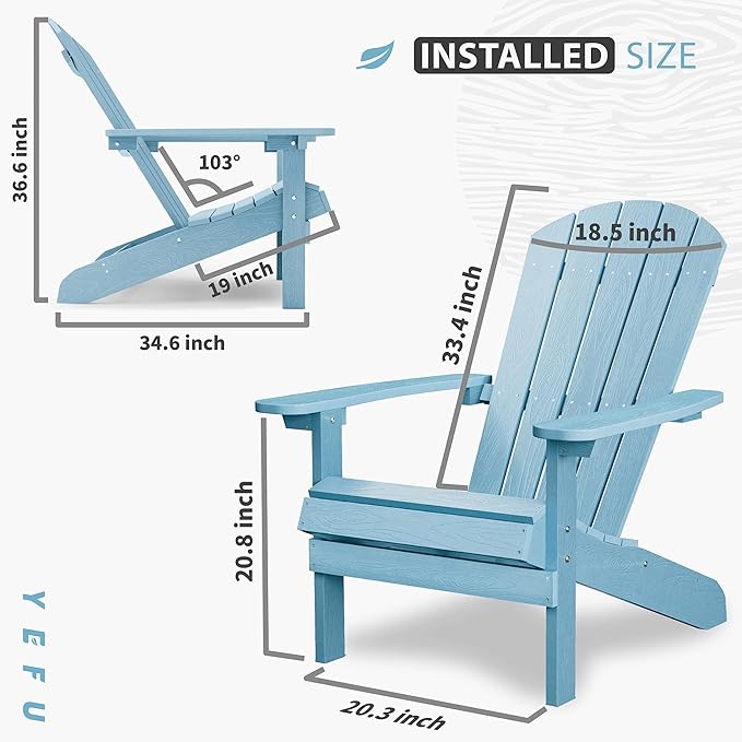 YEFU 3-Piece Adirondack Chair and Table Set: Outdoor Lounge Furniture Set - Outdoor Chair Plastic Weather Resistant with Wide Armrests for Patio Lawn Pool Porch Garden(Blue