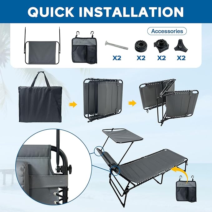 Outdoor Folding Lounge Chair with Removable Canopy & Pillow, Padded Reclining Chaise Lounge Chair 5-Position Heavy Duty Beach Chair for Patio, Beach, Pool, Camping