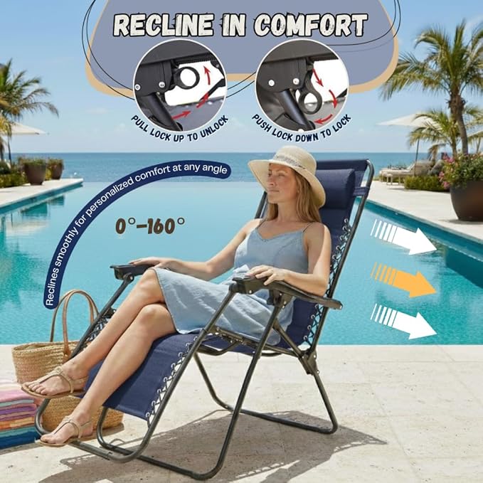 EZONE Zero Gravity Lounge Chairs Outdoor Adjustable Reclining Patio Chair Steel Mesh Folding Recliner for Pool Beach Camping Lounge Chair with Pillows and Cup Tray (2, Navy Blue)