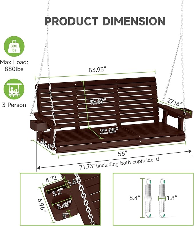 Real Relax Front Porch Swing, Wooden Upgraded 3 Person Seat Bench Swing Hanging Chair with Cup Holders - Photo 3