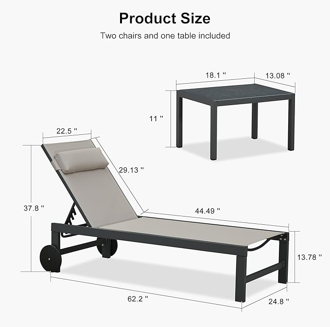 PURPLE LEAF Patio Lounge Chair Set Outdoor Chaise Lounger Aluminum Frame with 2 Side Table and Wheels for Pool Outside Sunbathing Tanning Recliner Including Pillows Beige