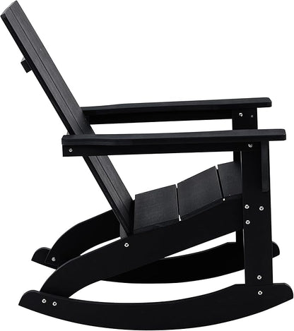Flash Furniture Finn Modern Commercial Grade Poly Resin Wood Adirondack Rocking Chair - All Weather Black Polystyrene - Dual Slat Back - Stainless Steel Hardware