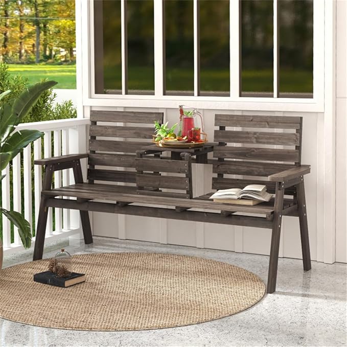 Rustic Outdoor Wooden Bench with Foldable Middle Table,63" 2-3 Persons Porch Bench with Wide Armrests and Slatted Surface,710 LBS Capacity Fir Wood Garden Bench,Coffee