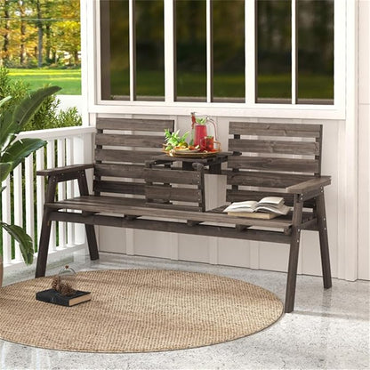 Rustic Outdoor Wooden Bench with Foldable Middle Table,63" 2-3 Persons Porch Bench with Wide Armrests and Slatted Surface,710 LBS Capacity Fir Wood Garden Bench,Coffee