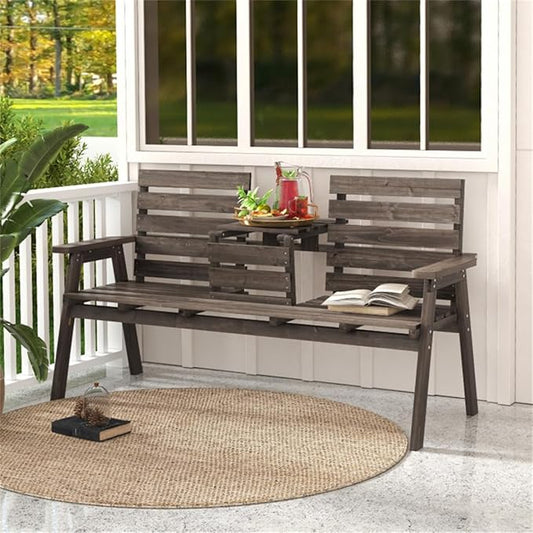 Rustic Outdoor Wooden Bench with Foldable Middle Table,63" 2-3 Persons Porch Bench with Wide Armrests and Slatted Surface,710 LBS Capacity Fir Wood Garden Bench,Coffee