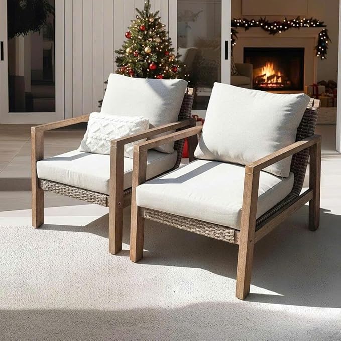 Idzo Olivier Eucalyptus Outdoor Club Chairs Set of 2, 400lbs Heavy Duty Wood Patio Furniture Set, Ergonomic Slanted Backrest Design, 4.5in Thick Cushion