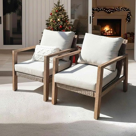 Idzo Olivier Eucalyptus Outdoor Club Chairs Set of 2, 400lbs Heavy Duty Wood Patio Furniture Set, Ergonomic Slanted Backrest Design, 4.5in Thick Cushion