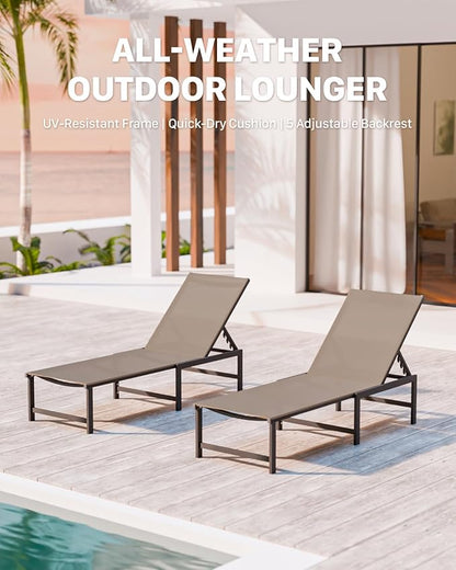 Chaise Lounge Chair Outdoor,Aluminum Patio Lounge Chairs Set of 2, Adjustable 5-Position Recliner and Full Flat Tanning Chair with Pillow for Pool, Outside,Beach,Khaki