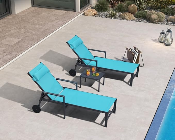 PURPLE LEAF Patio Lounge Chair Set of 3 Outdoor Chaise Lounger Aluminum Frame with Armrest Side Table and Wheels for - Photo 1