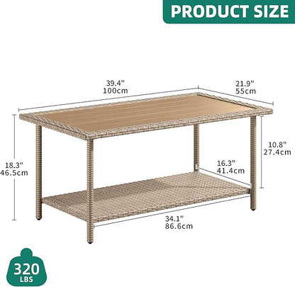 YITAHOME Outdoor Wicker Coffee Table with 2-Layer, 39.4" Rectangle Outside Side Table with Faux Wood Top, All-Weather Rattan Patio Bistro Table for Garden Backyard Porch - Brown