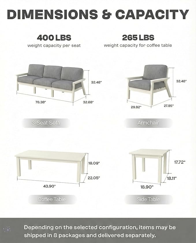 HDPE Patio Furniture Set with Cantilever Umbrella, Outdoor Couch with Washable Thick Gray Cushions & Tables, Outdoor Sectional Furniture for Deck, Lawn, Porch (White Frame)