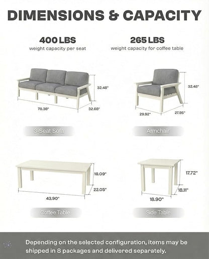 HDPE Patio Furniture Set with Cantilever Umbrella, Outdoor Couch with Washable Thick Gray Cushions & Tables, Outdoor Sectional Furniture for Deck, Lawn, Porch (White Frame)