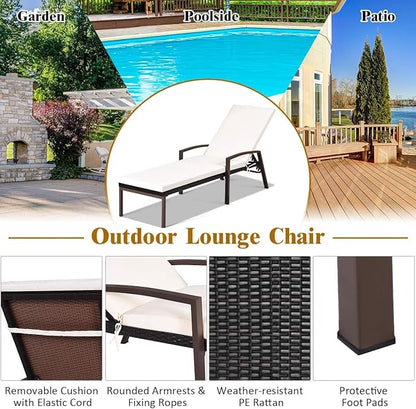 DORTALA Set of 2 Patio Chaise Lounge, Outdoor Wicker Rattan Chaise with Adjustable Backrest and Armrest for Beach Pool Yard, Rattan Sun Lounger with Padded Cushion, Beige