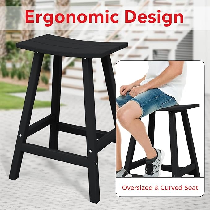 Costaelm All-Weather Bar Stools Set of 3, 24" Height Outdoor Bar Stools, Adirondack Poly Patio Bar Stool for Patio, Deck, Kitchen Counter and Garden, Black