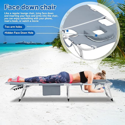 XMT 3-in-1 Tanning Chair with Face Hole for Outside, 5-Position Reclining & Head Cushion – Portable Folding Beach Lounge Chairs for Pool, Lawn, Yard (Grey)
