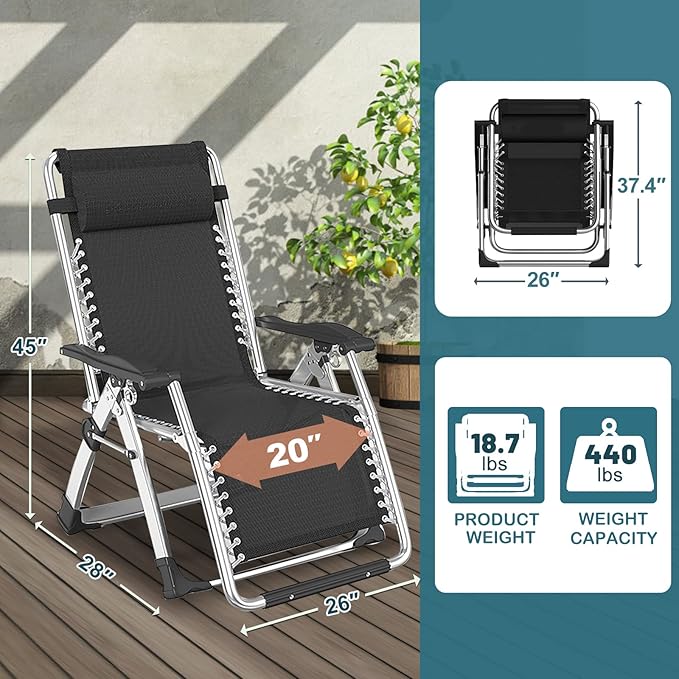 NAIZEA Padded Zero Gravity Chair, Folding Outdoor Lounge Chairs, Adjustable Reclining Camping Chairs with Cup Holder - Photo 2