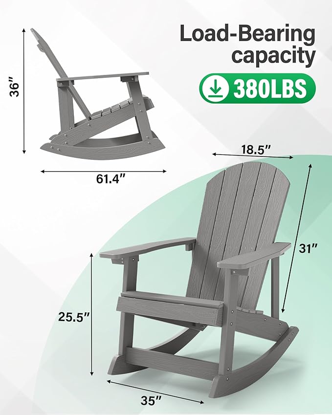 YEFU Outdoor Rocking Chair,Adirondack Rocking Chair,Patio Rocker Chair with Wide Back,Oversized Rocker Chair Look Like Real Wood, for Lawn, Porch, Backyard, Indoor and Garden(Grey)
