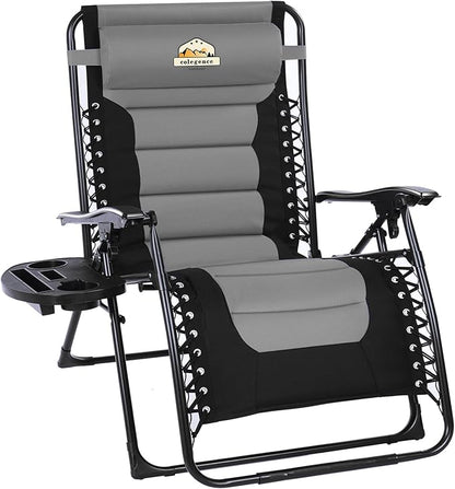 Oversized Padded Zero Gravity Lounge Chair, Foldable Patio Anti Gravity Reclining Chairs Folding Lawn Recliner with Cup Holder for Yard, Camping, Outdoor, Support 350 LBS, Black