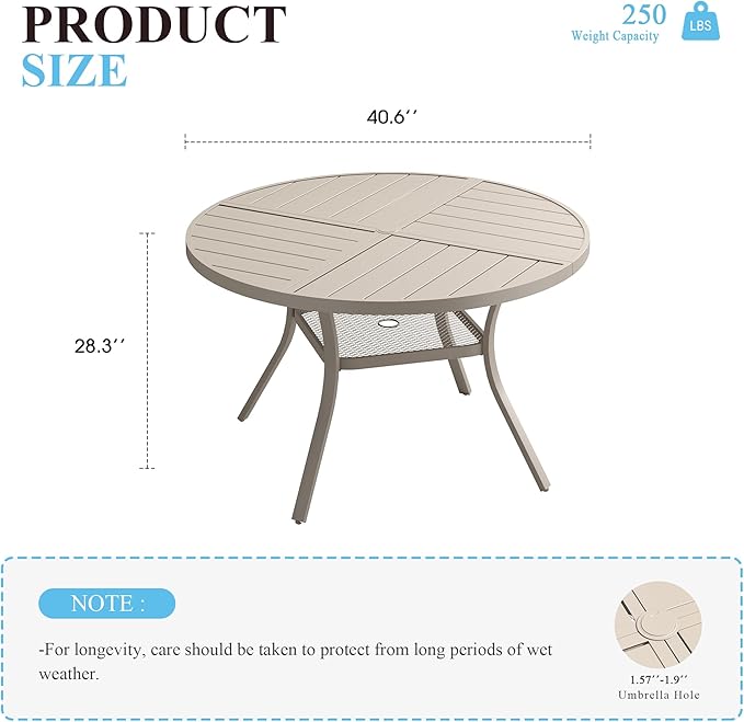 VICLLAX 40.6" Round Patio Table with Umbrella Hole, All Weather Metal Outdoor Dining Table for 4, Outside Table with Storage Shelf for Lawn Garden, Sandshell Color