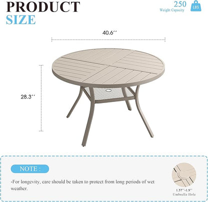 VICLLAX 40.6" Round Patio Table with Umbrella Hole, All Weather Metal Outdoor Dining Table for 4, Outside Table with Storage Shelf for Lawn Garden, Sandshell Color