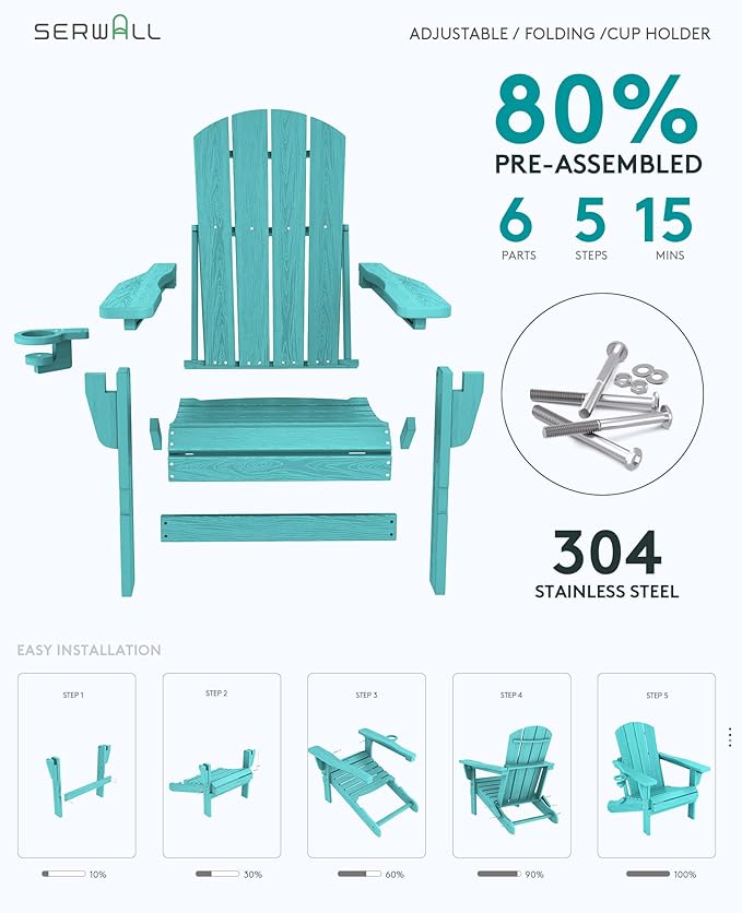 SERWALL 5-Piece Folding Adirondack Chair and Ottoman and Table Set, HDPE Adjustable Adirondack Chairs Set, Aruba - Photo 7