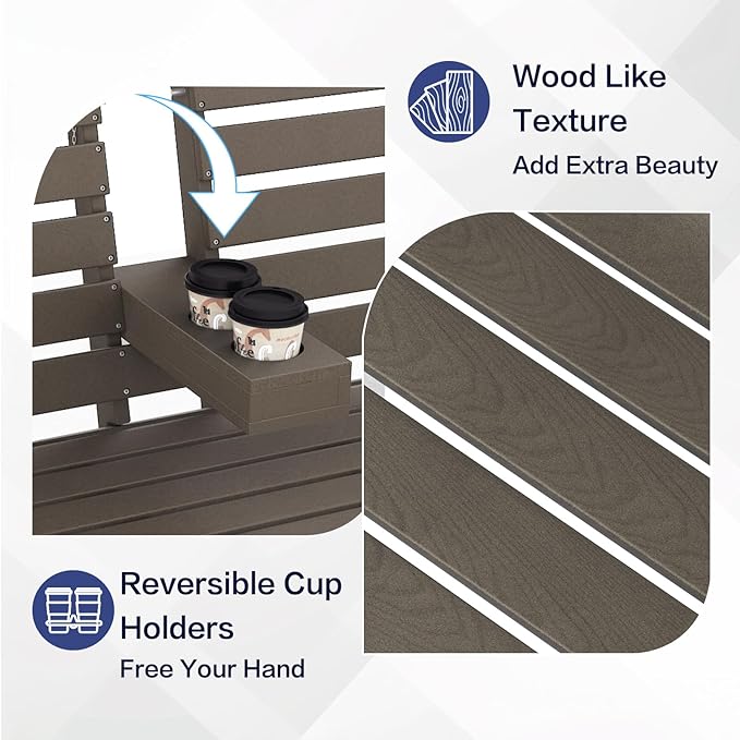 Outdoor Bench Weatherproof - HDPE 2-Person Garden Bench with Cup Holders, Bench Furniture with Backrest and Armrests - Photo 6
