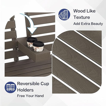 Outdoor Bench Weatherproof - HDPE 2-Person Garden Bench with Cup Holders, Bench Furniture with Backrest and Armrests, 700 lbs Capacity, Patio Park Bench for Front Porch Backyard Park (Brown)