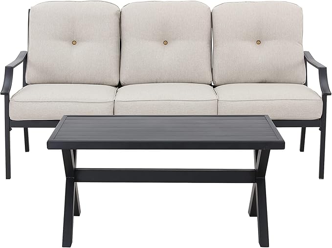 LOKATSE HOME Outdoor Patio Cushioned Loveseat 3 Seats Sofa Bench with Metal Coffee Table, Beige